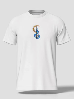 T-shirt bianca anime con spada, fiamme e acqua ispirata a Tanjiro Kamado.