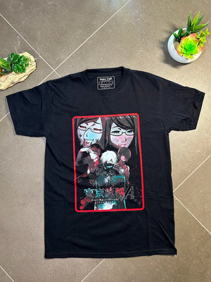 Maglietta nera Tokyo Ghoul con Kaneki Ken e personaggi anime, design dark, t-shirt giapponese