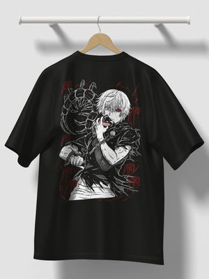 Maglietta nera anime con stampa Kaneki Tokyo Ghoul, design manga giapponese, uomo