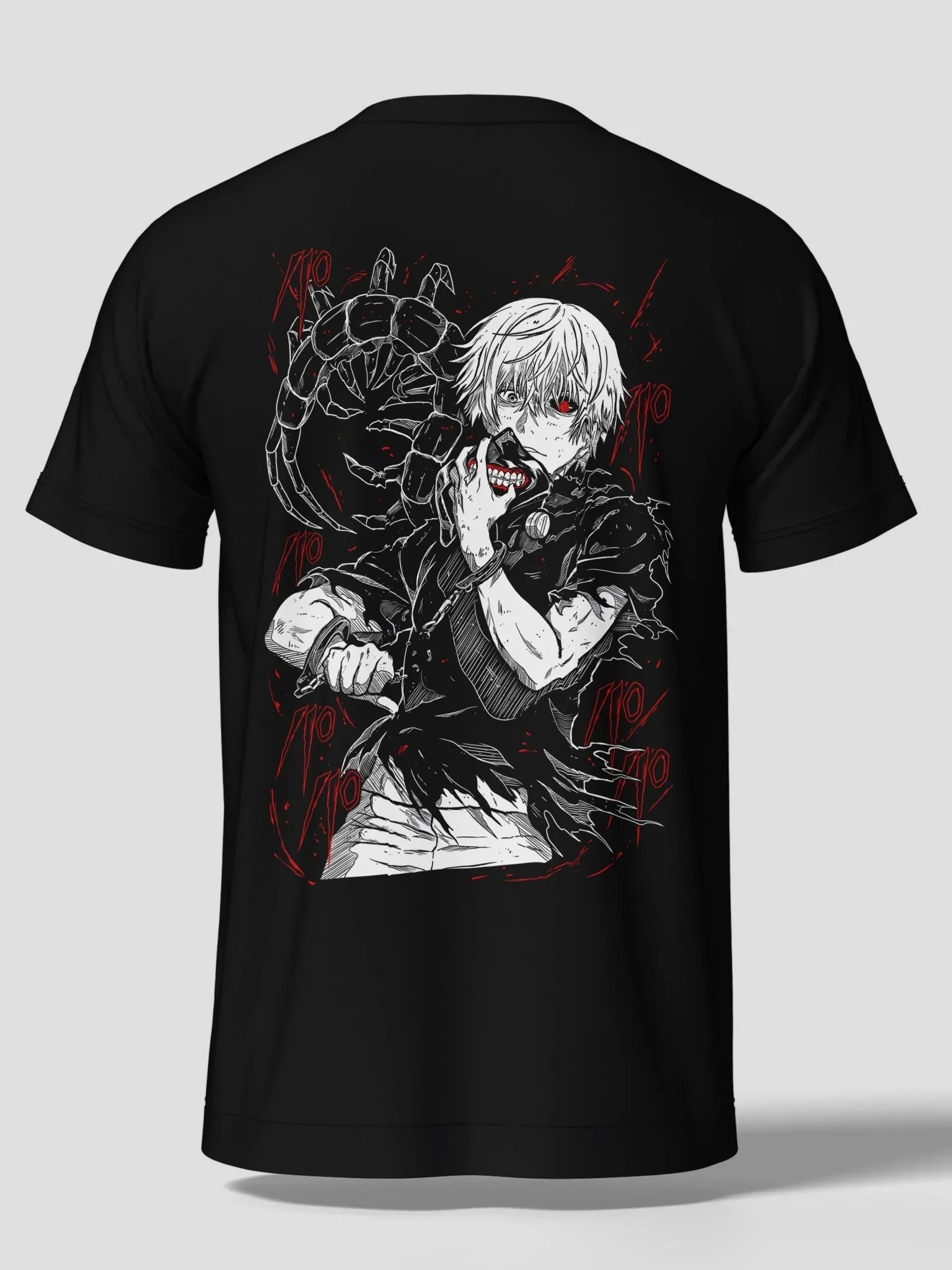 Maglietta nera con stampa anime Kaneki Tokyo Ghoul, design dettagliato e occhi rossi