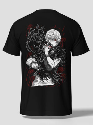 Maglietta nera con stampa anime Kaneki Tokyo Ghoul, design dettagliato e occhi rossi