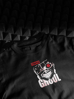 Maglietta nera anime Tokyo Ghoul con stampa Ken Kaneki e scritta bianca e rossa