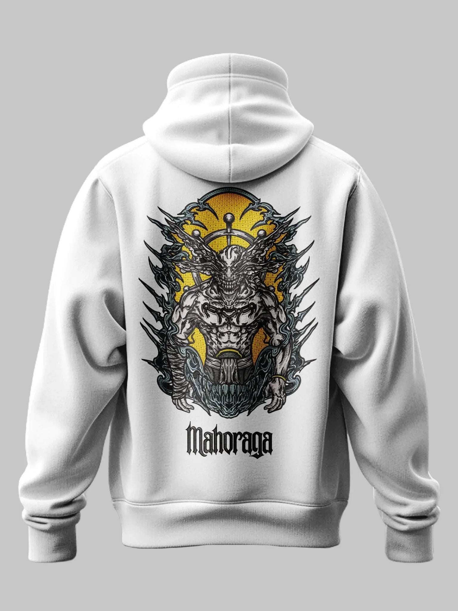 Felpa bianca con ricamo Mahoraga di Jujutsu Kaisen sul retro, design anime dettagliato.