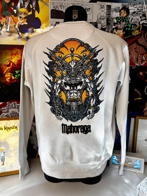 Felpa bianca con ricamo Mahoraga di Jujutsu Kaisen, design anime extra grande sul retro.