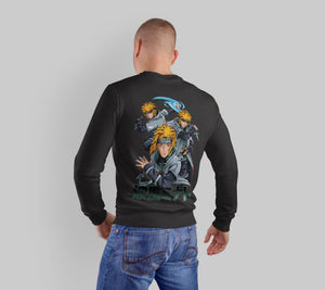 Felpa nera con stampa grande di personaggio anime biondo in azione, stile giapponese.