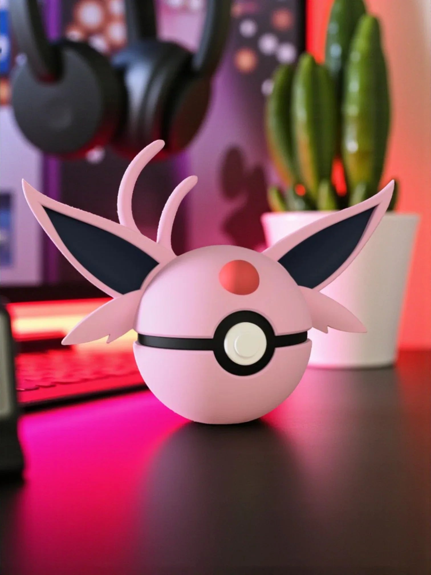 Pokéball ispirata a Espeon rosa con orecchie e dettagli su scrivania nerd