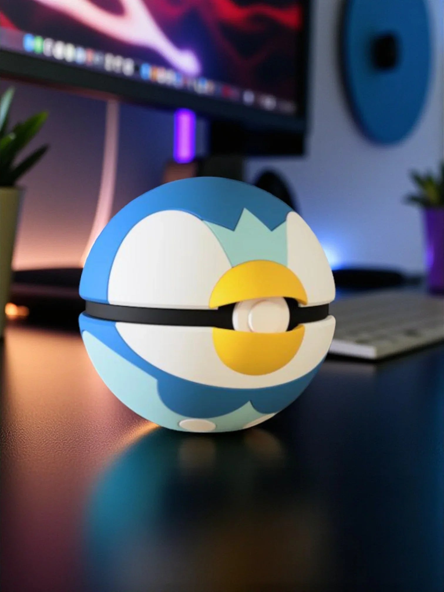 Pokéball Piplup 393 con base magnetica numerata su scrivania, design anime Pokemon.
