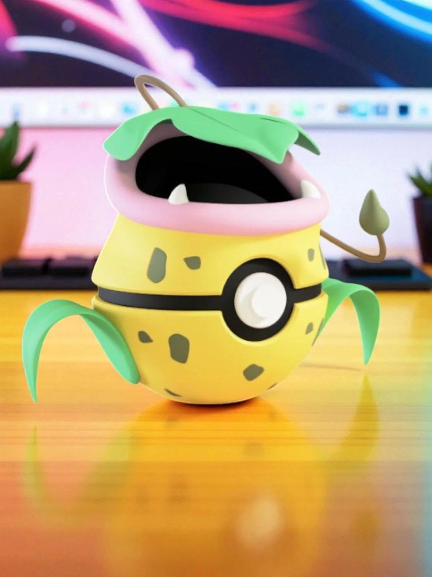 Figura decorativa di Victreebel stile Pokéball su scrivania, con sfondo monitor colorato.