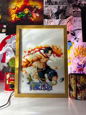 Lampada LED decorativa con Portgas D. Ace di One Piece e fiamme in cornice di legno.