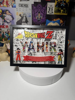 Quadro 3D personalizzato Dragon Ball Z con nome Yahir, decorato con immagini anime e Goku.
