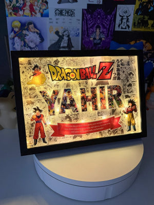 Quadro 3D personalizzato Dragon Ball Z con nome illuminato, personaggi e luci LED.