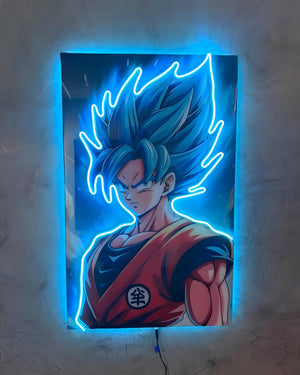 Quadro anime con personaggio stilizzato e illuminazione neon blu, decorazione parete otaku.