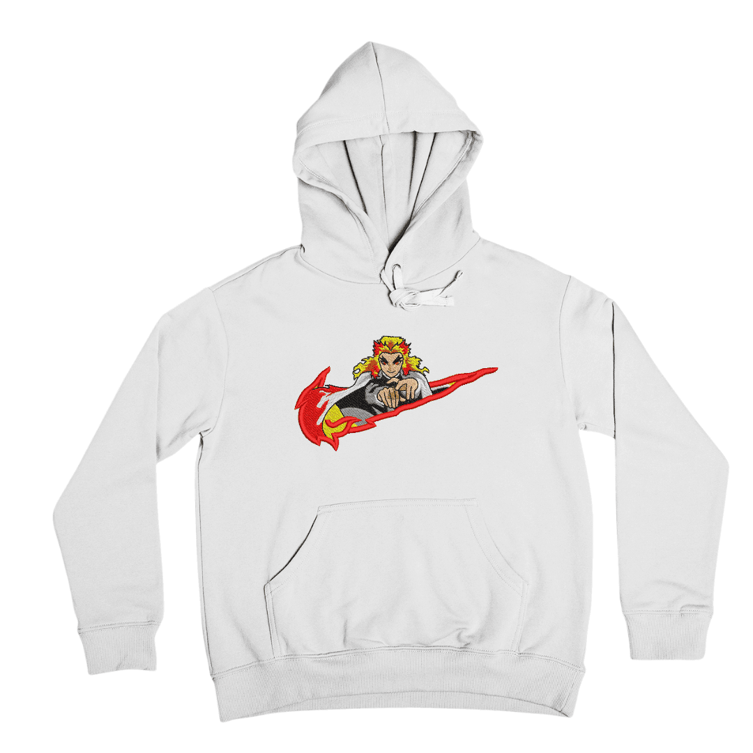 Felpa hoodie bianca con ricamo anime, personaggio dai capelli biondi e fiamme rosse, stile giapponese.