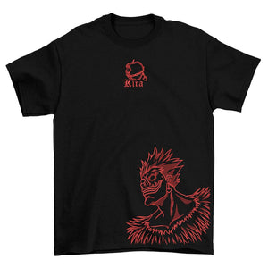 T-shirt nera anime con ricamo rosso di shinigami Ryuk e scritta Kira, stile Death Note.