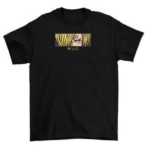 T-shirt nera con ricamo di Sanji di One Piece e scritta giapponese sul petto