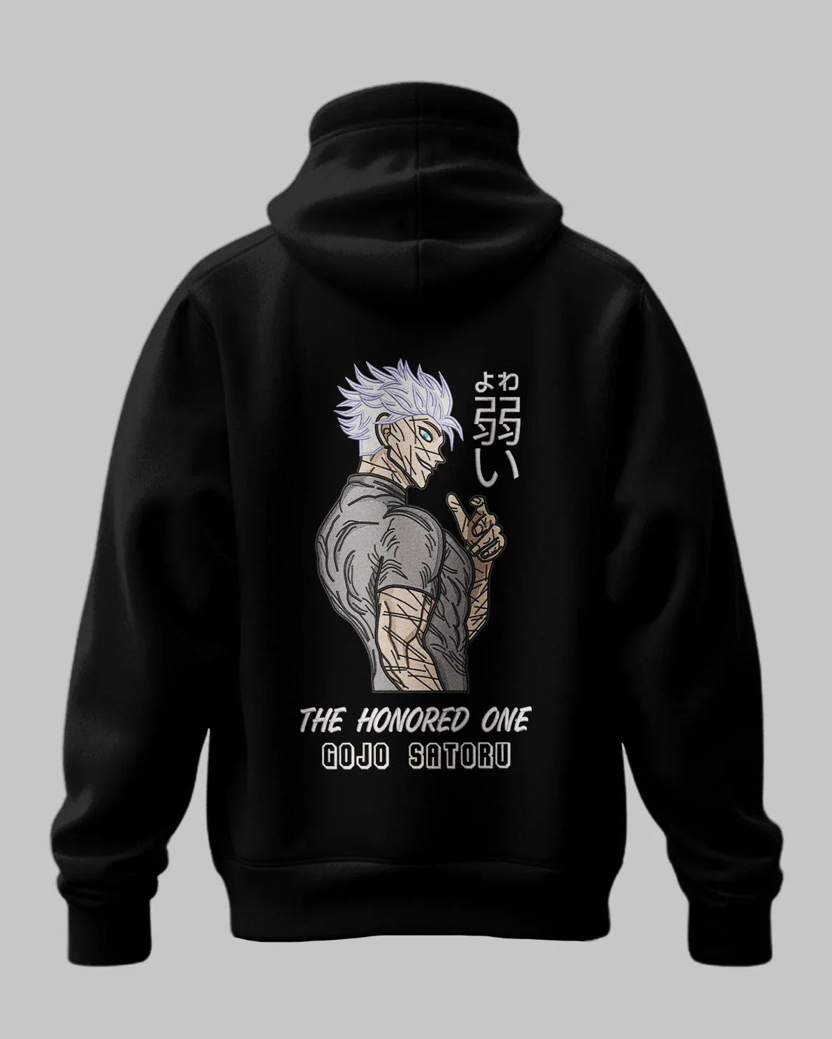 Felpa nera con ricamo di Gojo Satoru di Jujutsu Kaisen e scritta The Honored One