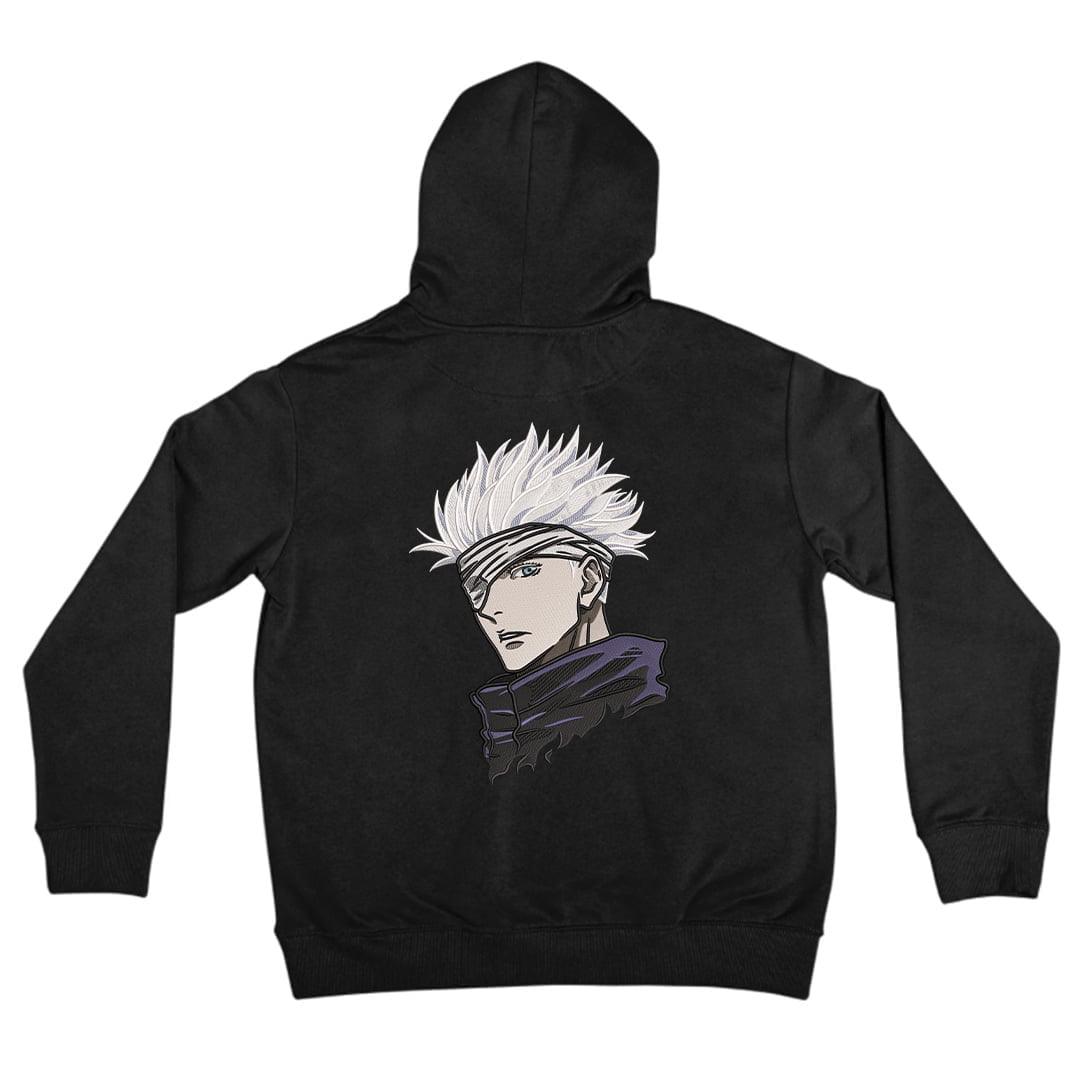 Felpa nera anime con ricamo personaggio dagli occhi coperti e capelli bianchi sul retro.
