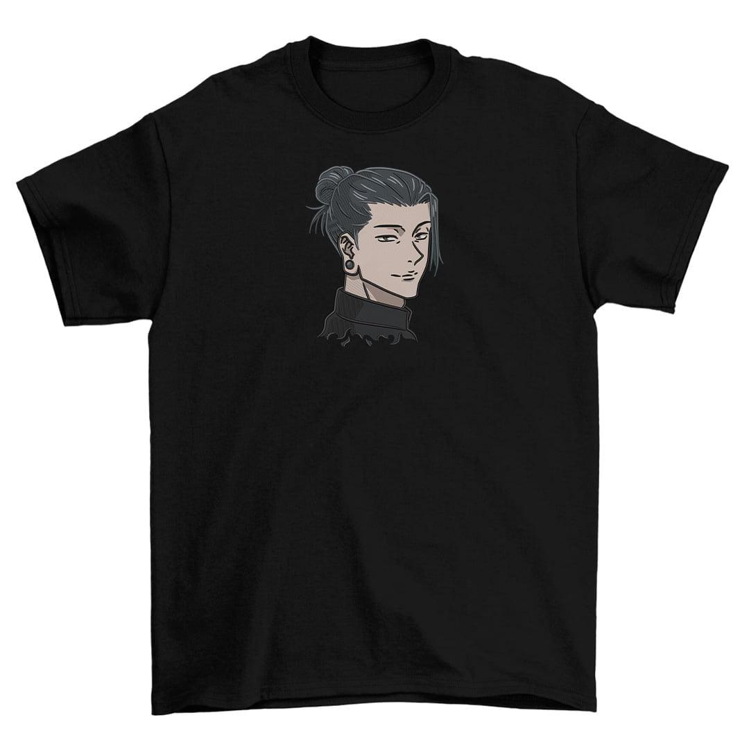 T-shirt nera con ricamo anime Suguru Geto di Jujutsu Kaisen, stile made in Italy.