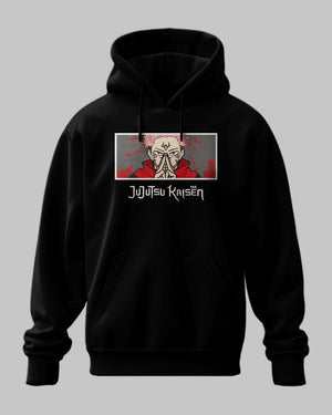Felpa nera con ricamo Sukuna di Jujutsu Kaisen, dettagli anime, look streetwear.