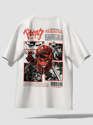 T-shirt bianca con stampa anime Berserk, design fronte-retro con illustrazioni di Guts e grafica nera e rossa.