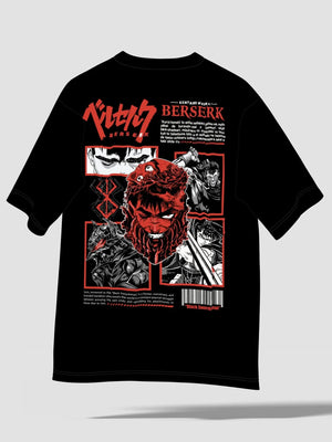 T-shirt nera anime Berserk con stampa Guts, dettagli manga rossi e bianchi, grafica fronte e retro.