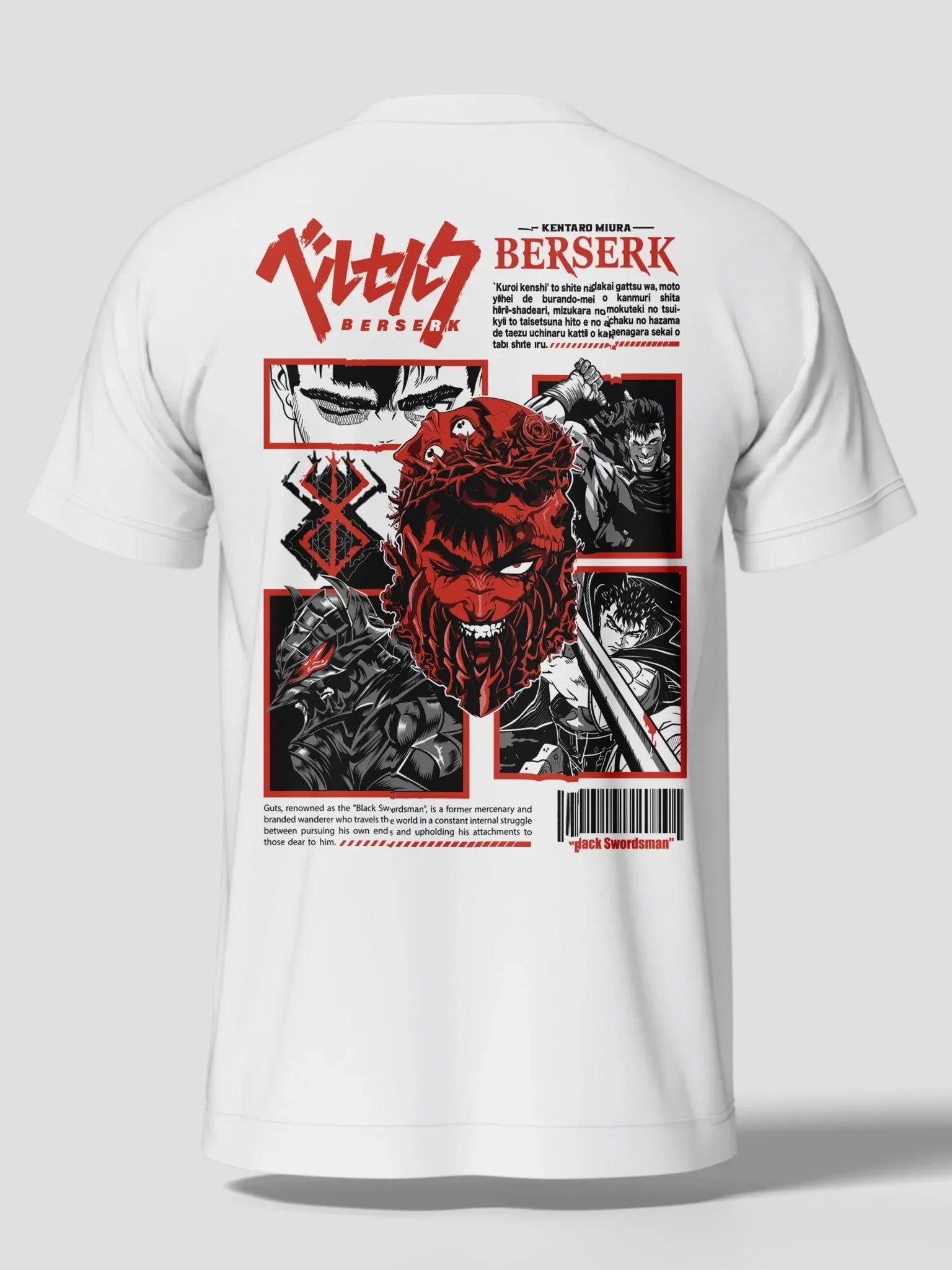 T-shirt bianca con stampa anime Berserk, illustrato Guts e scene manga in rosso e nero sul retro.