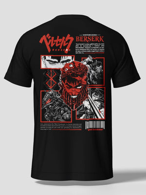 T-shirt nera anime Berserk con Guts, grafiche manga rosse e scritte, stampa fronte e retro.