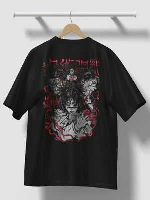 T-shirt nera anime con stampa personaggi Jujutsu Kaisen e dettagli rosa, stile streetwear.