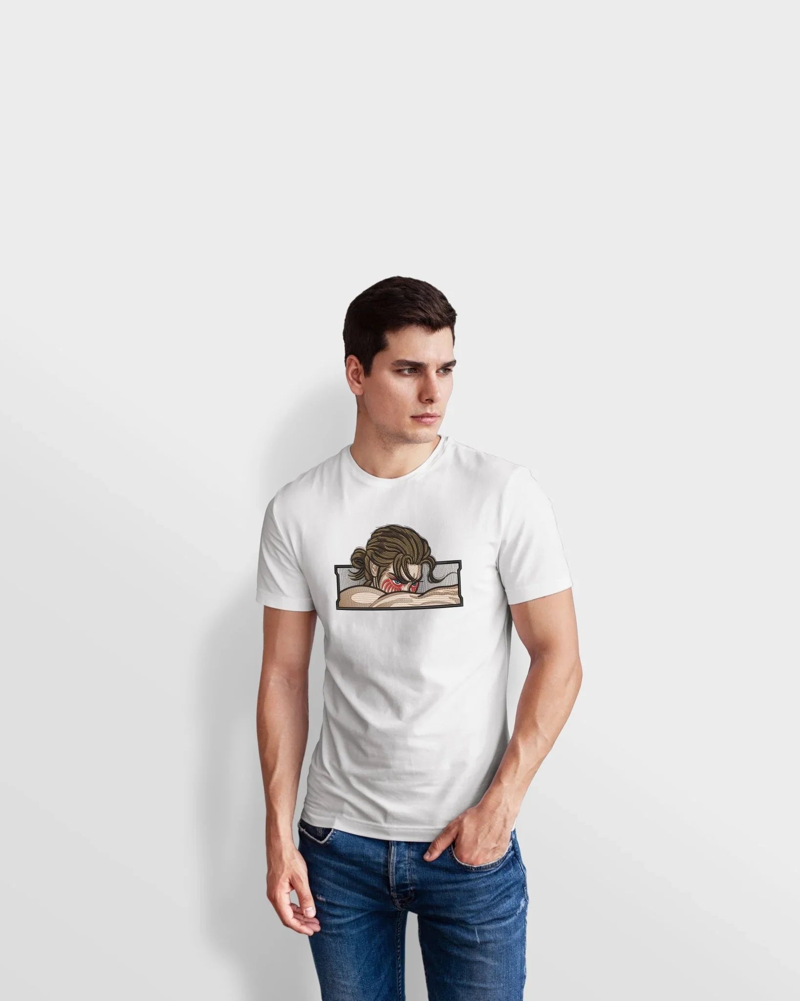 Maglietta bianca uomo con ricamo Eren Yeager Attack on Titan, moda anime giapponese