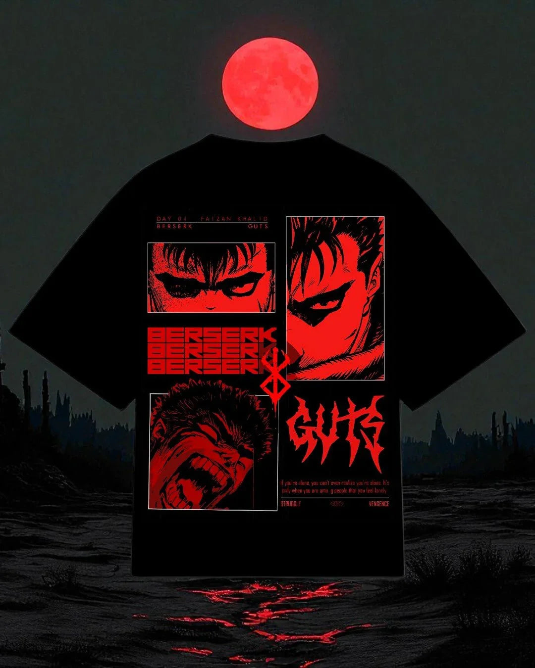 Maglietta oversize nera Berserk Guts con grafica anime rossa, luna piena sullo sfondo.