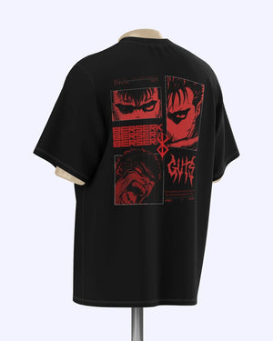 T-shirt oversize nera con stampa anime Berserk rossa e disegni di Guts, stile unisex.