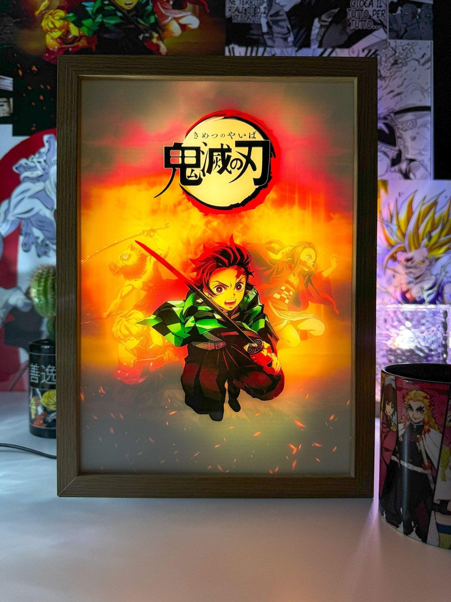 Lampada LED raffigurante Tanjiro Kamado di Demon Slayer con sfondo anime luminoso.