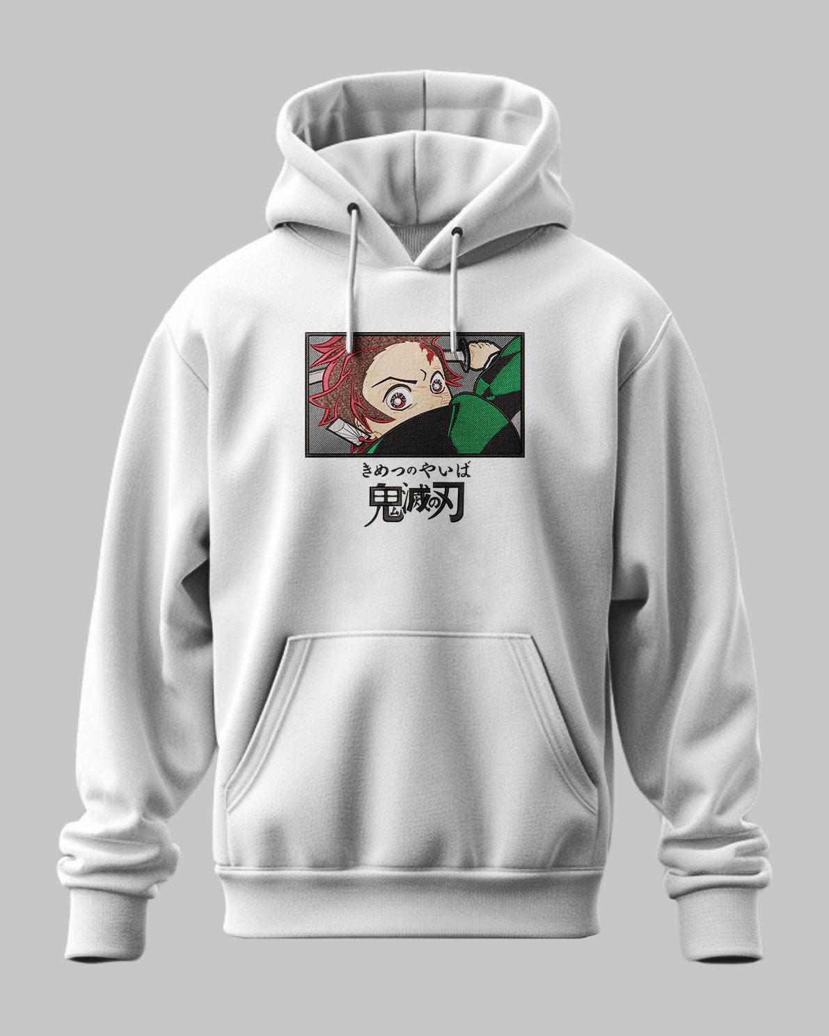 Felpa bianca con ricamo anime di ragazzo dai capelli rossi e scritte giapponesi, stile Demon Slayer.