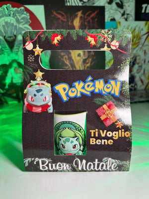 Confezione regalo natalizia con tazza Pokémon Bulbasaur, decorazioni natalizie e scritta Buon Natale