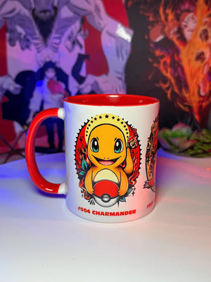 Tazza bianca con bordo rosso, decorata con Charmander Pokémon e scritta #004 Charmander.