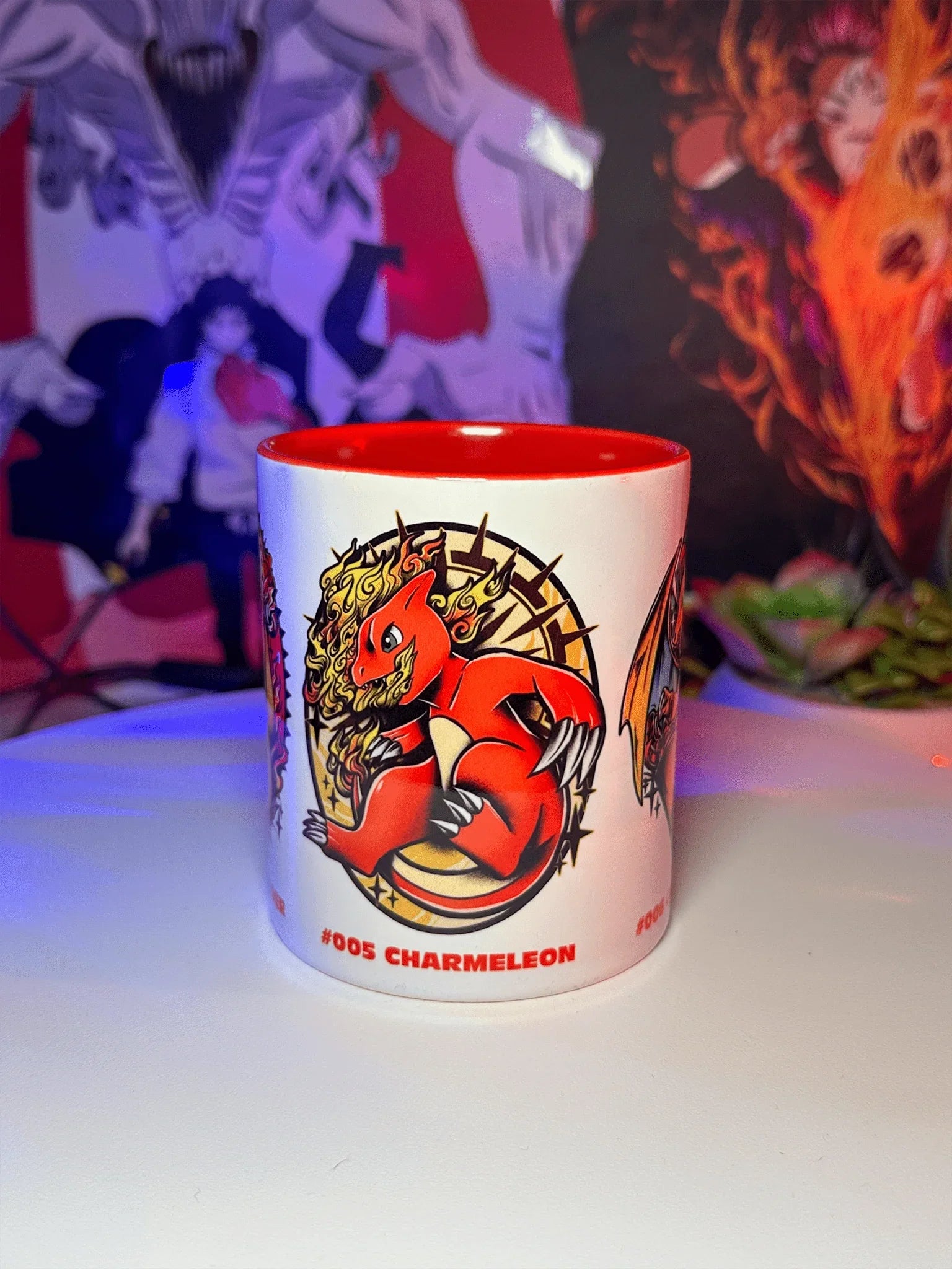 Tazza mug con illustrazione evoluzione Charmeleon di Pokémon, sfondo anime colorato