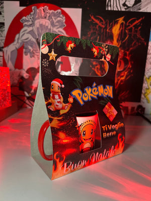 Tazza natalizia Pokémon con Charmander, confezione regalo, decorazioni rosse e scritte natalizie