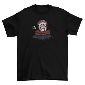 T-shirt nera con ricamo di personaggio anime stile Jujutsu Kaisen e scritta 'I'm you'.