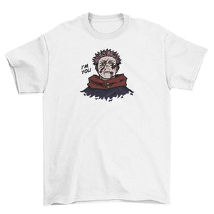 T-shirt bianca con stampa ricamata di personaggio anime Yuji, frase I'm You, Jujutsu Kaisen.