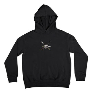 Felpa nera con cappuccio, ricamo Zoro One Piece con teschio e spade sul petto.