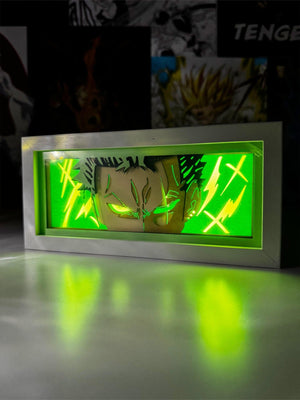 Lampada light box 3D Zoro One Piece con illuminazione verde, decorazione da scrivania per fan anime.