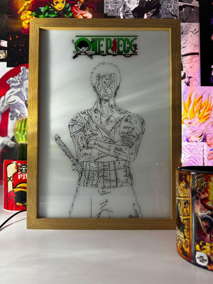 Lampada da tavolo LED con disegno di Roronoa Zoro di One Piece in cornice decorativa.