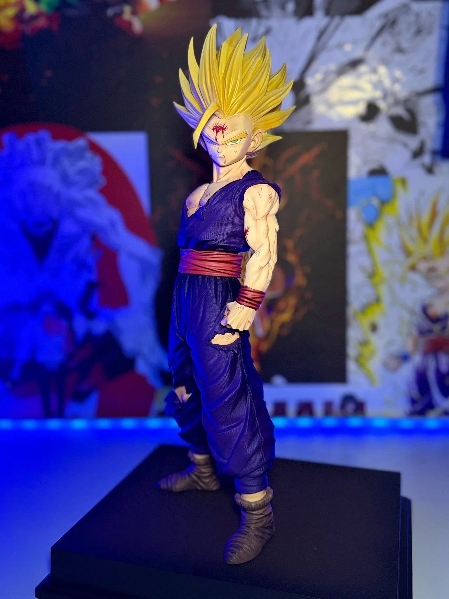 Action figure ultra realistico Gohan SSJ2 Dragon Ball Z, capelli gialli e tuta viola, 45 cm