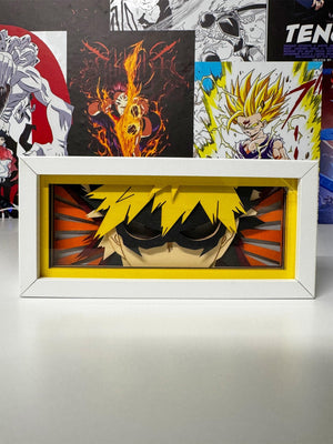 Lampada led box con personaggio anime dai capelli biondi in primo piano, stile My Hero Academia.
