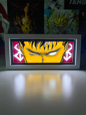 Lampada light box luminosa con Guts di Berserk, espressione intensa, decorazione anime
