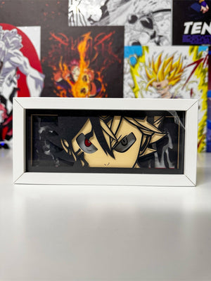 Light box led decorativo con personaggio anime Black Clover, cornice bianca, sfondo manga.