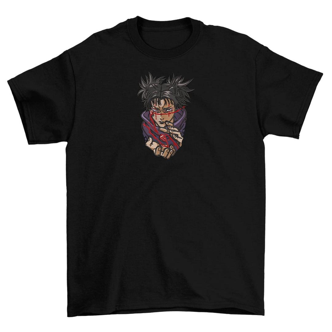 T-shirt nera ricamata con personaggio anime, stile Jujutsu Kaisen, arte dettagliata e colorata