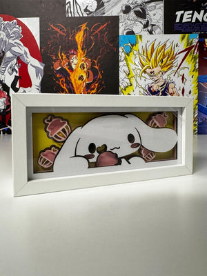 light box decorativo con personaggio manga kawaii bianco e dolci, sfondo poster anime