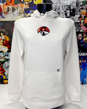 Felpa bianca con cappuccio, ricamo Itachi Uchiha anime, stampa Uchiha rossa, sfondo manga.