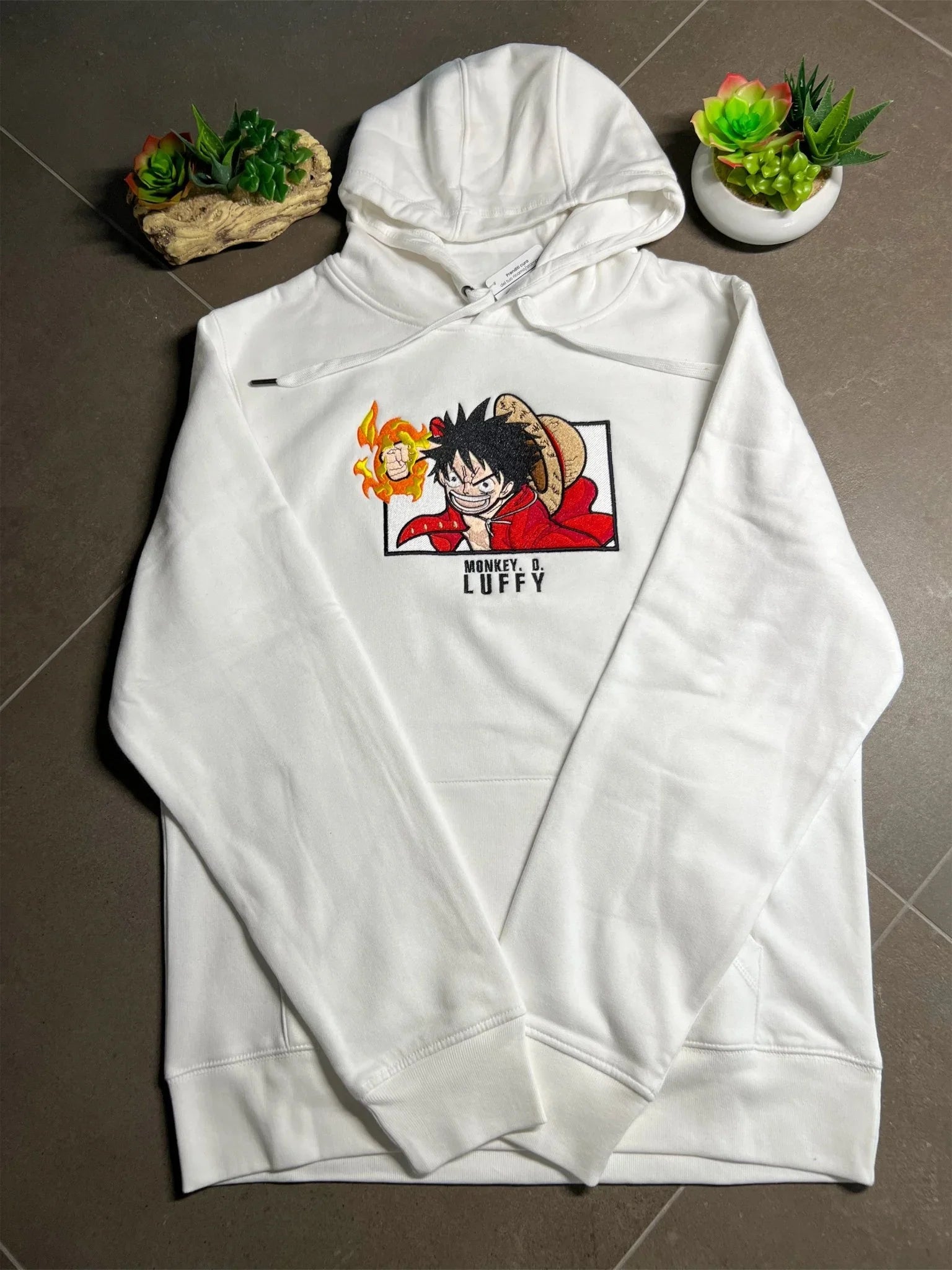 Felpa bianca con cappuccio, ricamo Monkey D. Luffy One Piece, decorazione anime.